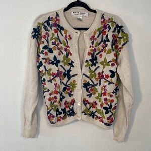 90s vintage cotton ramie floral embroidered beaded knit cardigan sweater
